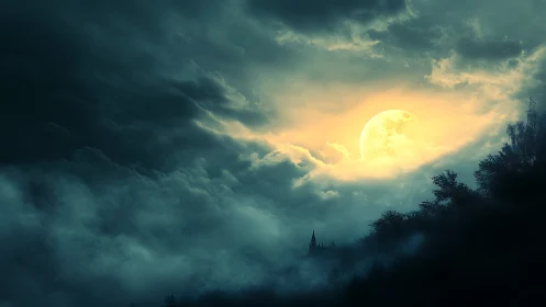 Moonlight carves a ghostly cathedral from storm-fed mist