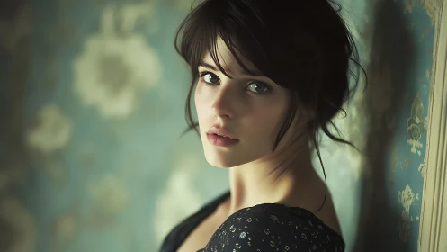 Young woman portrait against muted floral wallpaper background.