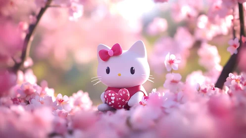Blossom-kissed toy kitty cradling a tiny heart of spring.