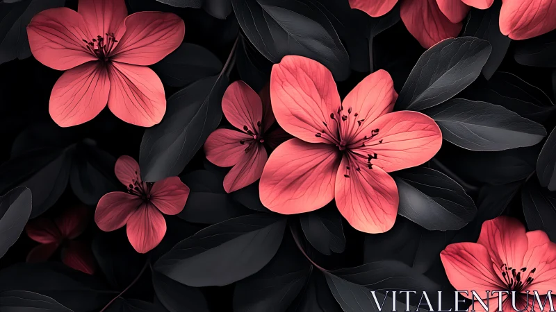 Coral Blossoms Glow Against Deep Black Foliage