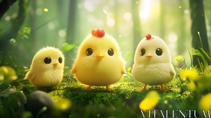 Three Fluffy Chicks Discover Spring's Glowing Forest Wonderland