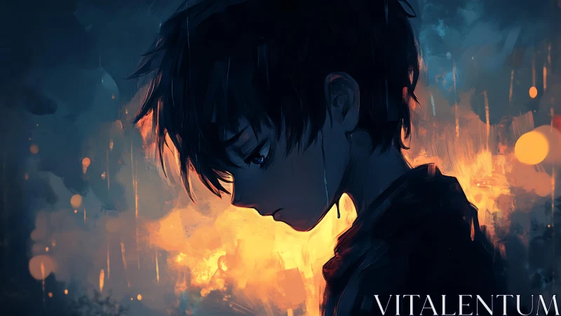 Melancholic boy in profile amid glowing abstract embers.