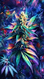 Luminous cannabis plant glows in a dreamy cosmic garden
