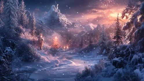 Enchanted winter valley with glowing fir and watchful stag