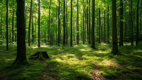 Sunlit Green Forest with Mossy Ground in Serene Natural Style.