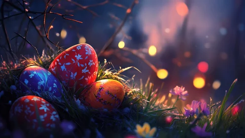 Glowing painted Easter eggs rest in dreamy twilight grass.