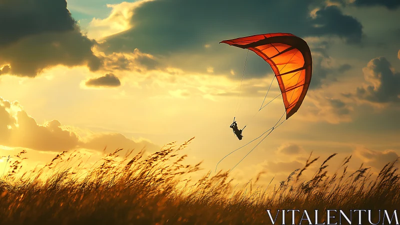 Sunset winds cradle a lone paraglider above wild grass
