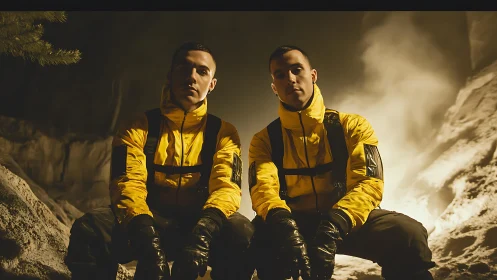 Two men in yellow jackets sitting in a rocky night scene.