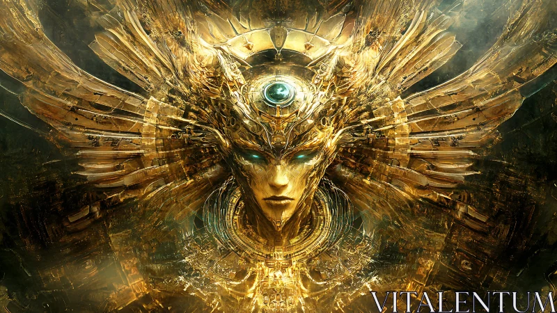 Golden cybernetic deity with mechanical wings and halo
