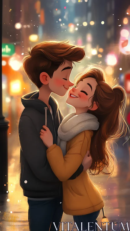 Young couple embracing on urban street at night