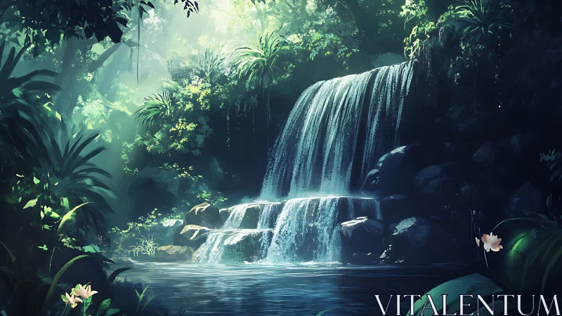 Multi-Tiered Cascading Waterfall Through Dense Tropical Canopy with Layered Water Flow