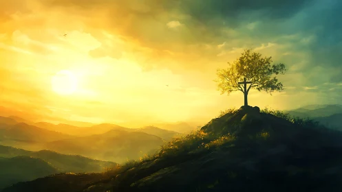 Golden sunrise over hilltop tree and distant valleys.
