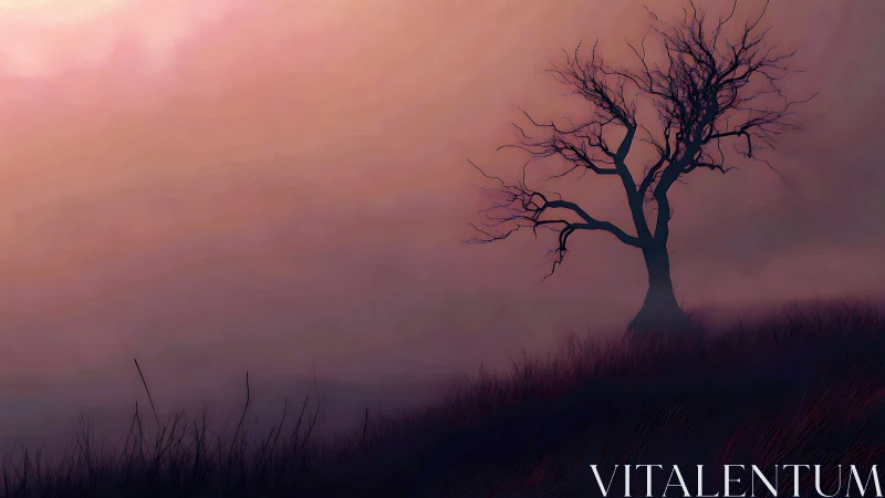 Quiet lone tree welcomes dusk across a gentle misty hill