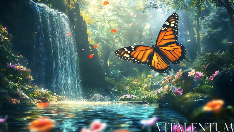 Majestic Monarch Butterfly in Lush Enchanted Forest Scene.