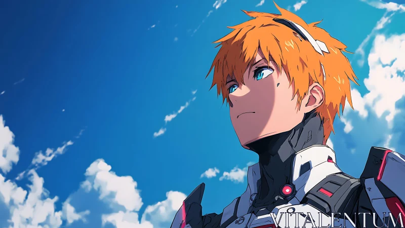 Orange haired mecha pilot staring toward bright summer sky.