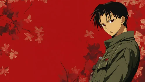 Anime male character against red leaf background illustration.