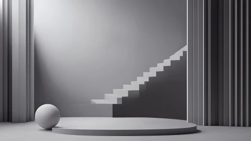 Monochrome geometric stage with suspended staircase structure.