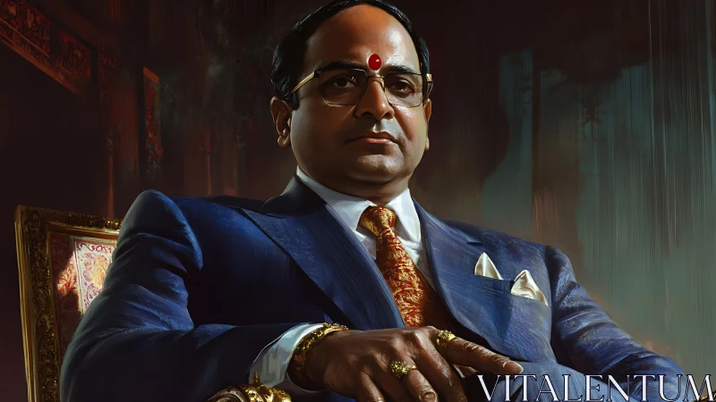 Digital painting portrait of dignified businessman in ornate chair.