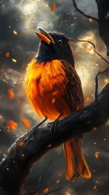 Fiery songbird rises against stormy sky in vivid detail.