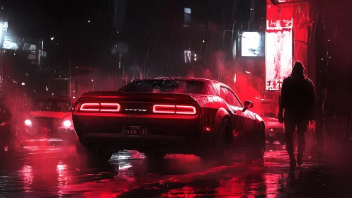 Neon-soaked muscle car waits in a rain-drenched night alley