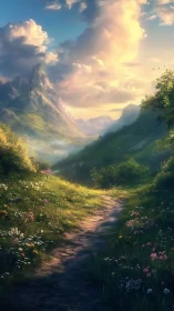 Mountain path curves through sunlit valley under glowing sky