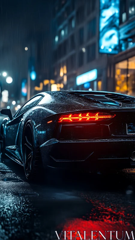 Rain-soaked supercar rear under neon-saturated urban nightscape.
