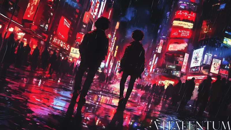 Cyberpunk neon street duo in rain-soaked urban canyonscape.