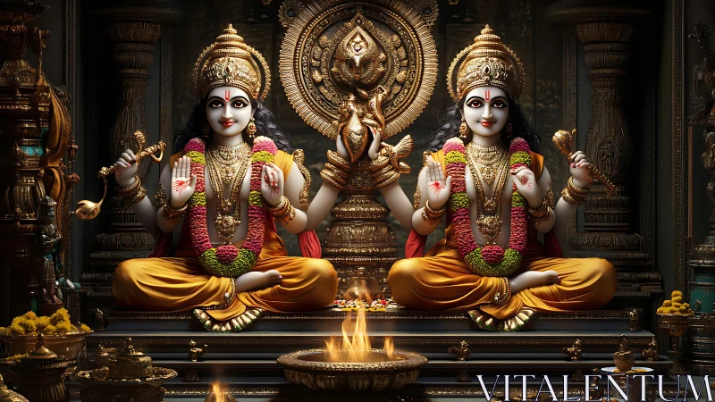 Divine twin deities in ornate temple with golden fire altar.