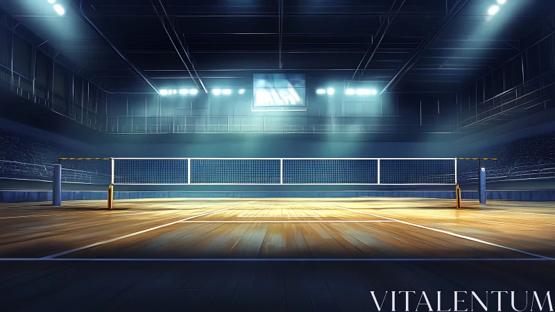 Digital arena perspective of illuminated indoor volleyball court.