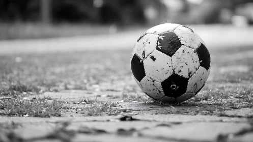 Weathered football on cobbled pitch in shallow focus.