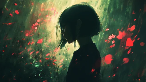 Softly lit silhouette among glowing midnight petals.