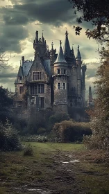 Gothic castle under stormy sky with overgrown forest path.