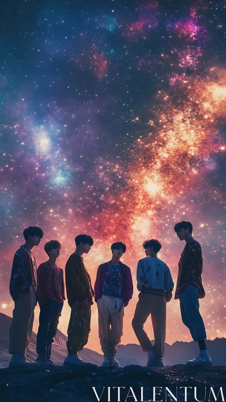 Stargazing youth silhouettes beneath radiant cosmic sky.