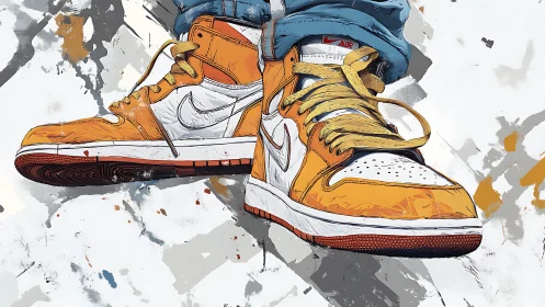 High-top sneakers in stylized vector illustration, dynamic angle.