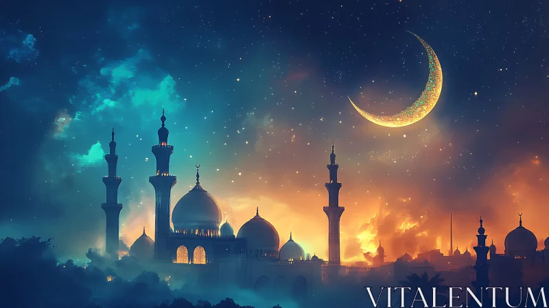 Crescent moon glows above luminous domed night mosque