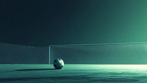 Lone soccer ball rests on an empty goal field at dusk