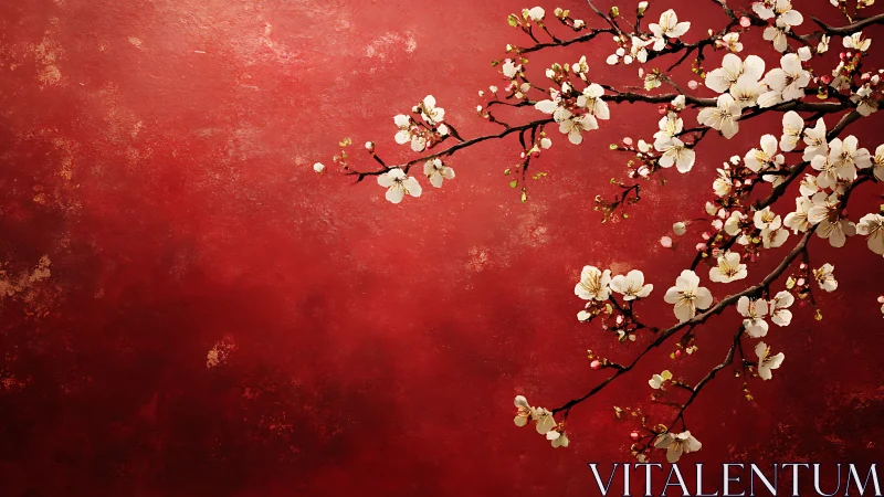 White blossom branches on textured red background surface.
