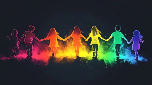 Silhouetted children holding hands through rainbow neon powder clouds.