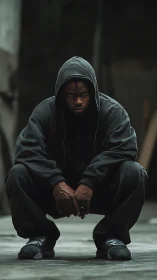 Quiet strength in a hooded street portrait, steady and calm.