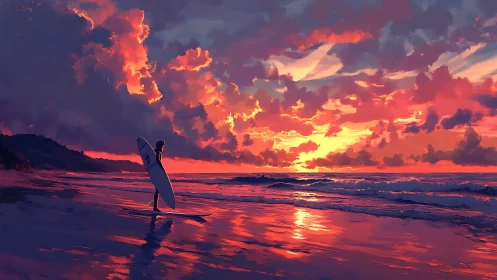 Surfer silhouette on shoreline under dense sunset clouds.