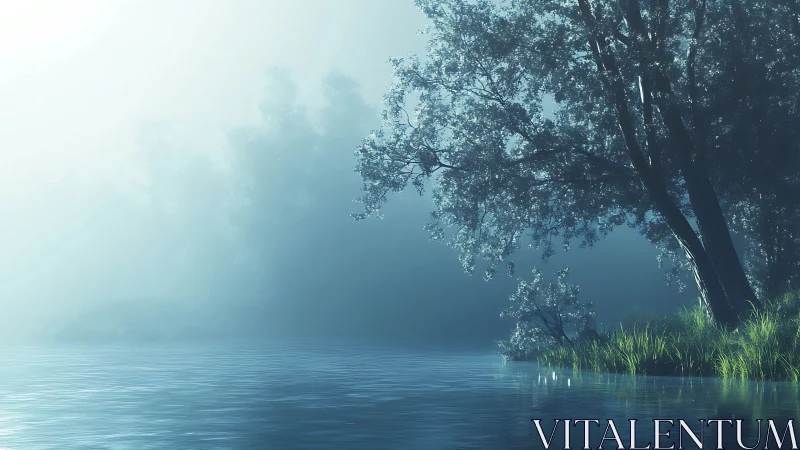 Digital painting of misted lakeside grove with cool palette.