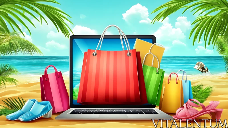 Vivid online shopping laptop on tropical beach with glossy bags