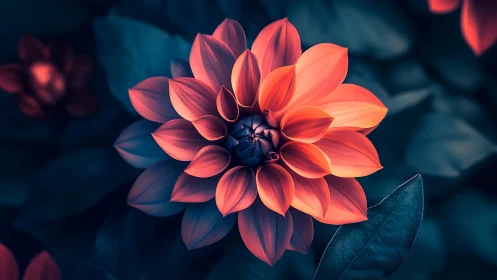 Illuminated Dahlia: Coral Petals Against Deep Teal Bokeh.
