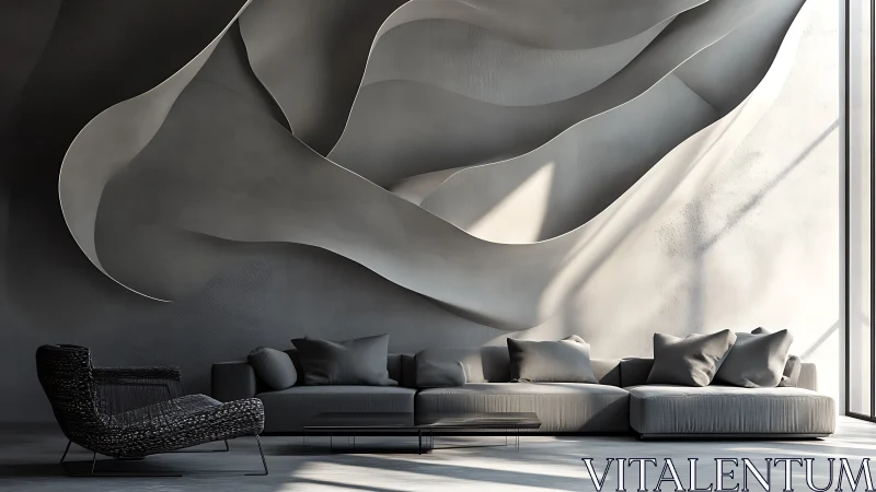 Sculptural Wall Installation with Contemporary Modular Seating Arrangement.