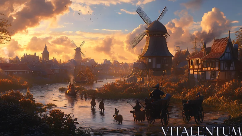 Dutch canal village glows under golden sunset sky.