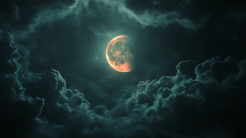 Glowing moon burns through stormy teal night clouds