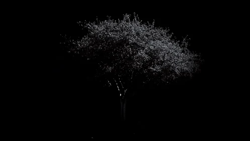 Isolated blossom tree captured with high contrast nocturnal lighting