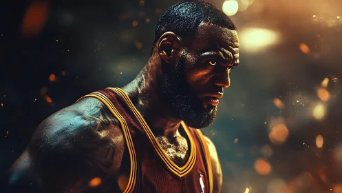 Intense basketball portrait glows in cinematic arena light