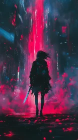 Cyberpunk swordsman silhouetted in neon magenta storm.