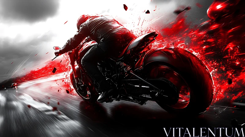 High-speed motorcycle drift rendered in dynamic red motion trails
